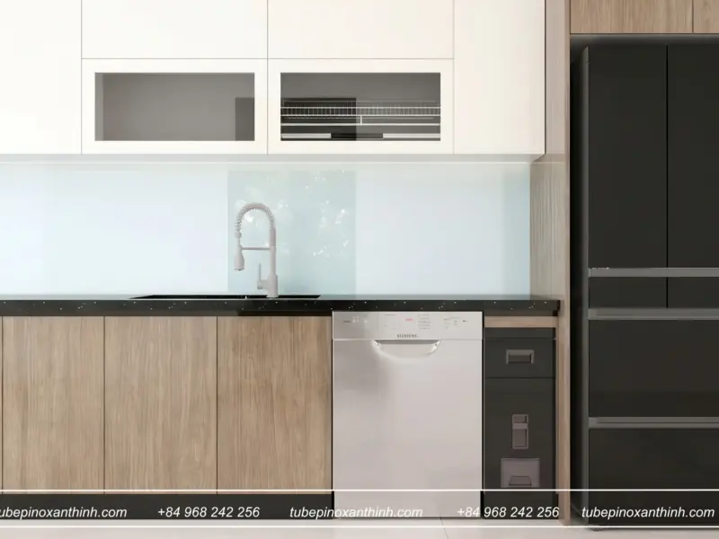 Chi tiết khu vực chậu rửa và máy rửa bát Acrylic bóng gương tại Nhà Chị Hoa ở Hai Bà Trưng, Hà Nội