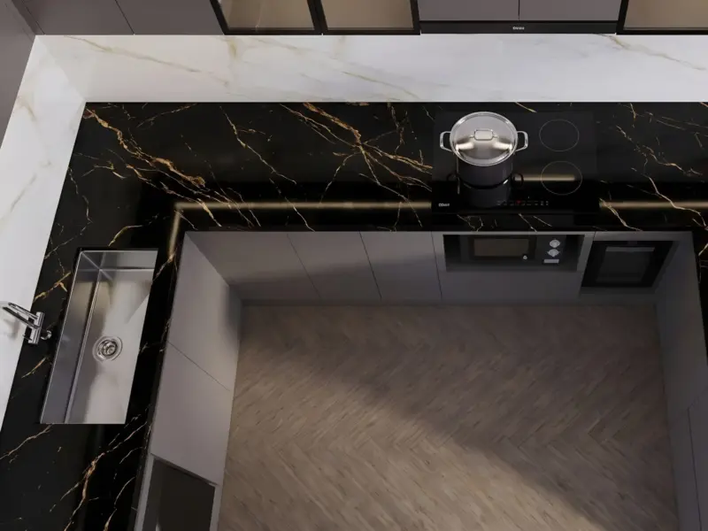 Góc Nhìn Từ Trên Tủ Bếp Inox Cánh Melamine - Gia Đình Anh Đức