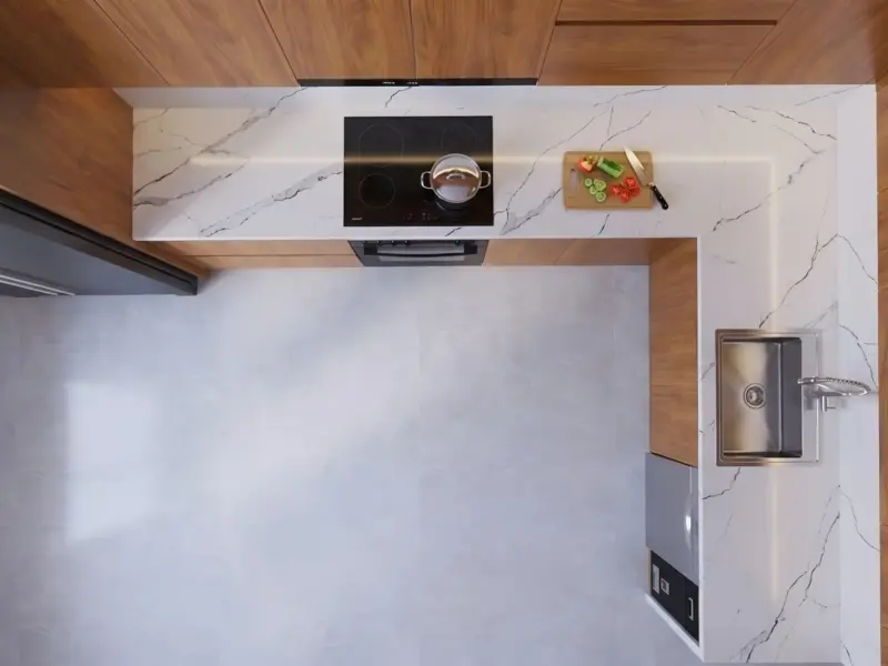 Góc Nhìn Từ Trên Xuống Thiết Kế Tủ Bếp Inox 304 Cánh Gỗ MDF Chống Ẩm Phủ Melamine Gia Đình Anh Doanh tại Khương Đình, Hà Nội