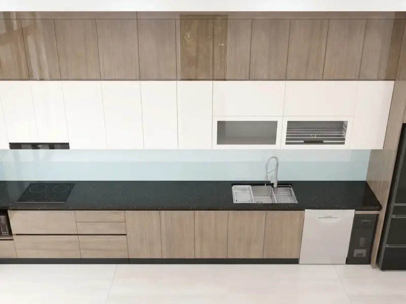 Góc Nhìn Từ Trên Xuống Toàn Bộ Bếp Thiết kế Tủ Bếp Inox 304 Cánh Acrylic Bóng Gương Chị Hoa - Hai Bà Trưng, Hà Nội