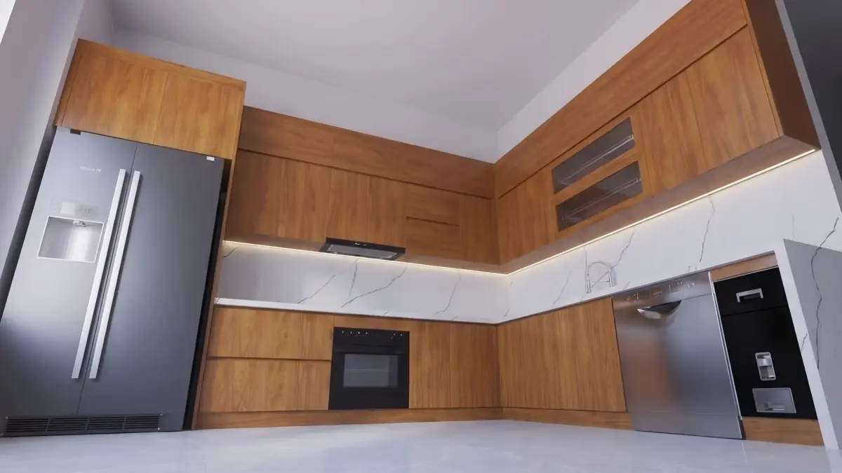 Góc Tổng Quan Toàn Bộ Bếp Thiết Kế Tủ Bếp Inox 304 Cánh Gỗ MDF Chống Ẩm Phủ Melamine Gia Đình Anh Doanh tại Khương Đình, Hà Nội
