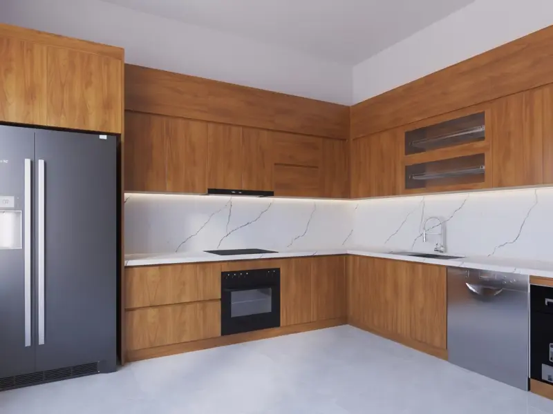 Góc Tổng Thể Không Gian Bếp Thiết Kế Tủ Bếp Inox 304 Cánh Gỗ MDF Chống Ẩm Phủ Melamine Gia Đình Anh Doanh tại Khương Đình, Hà Nội