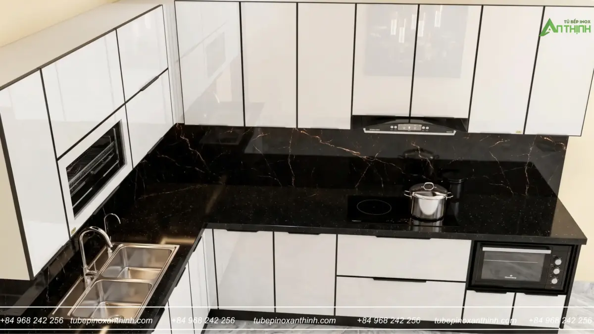 Góc nhìn cao toàn cảnh bố cục bếp chữ L tại Gia Đình Chị Liên – Thường Tín, Hà Nội