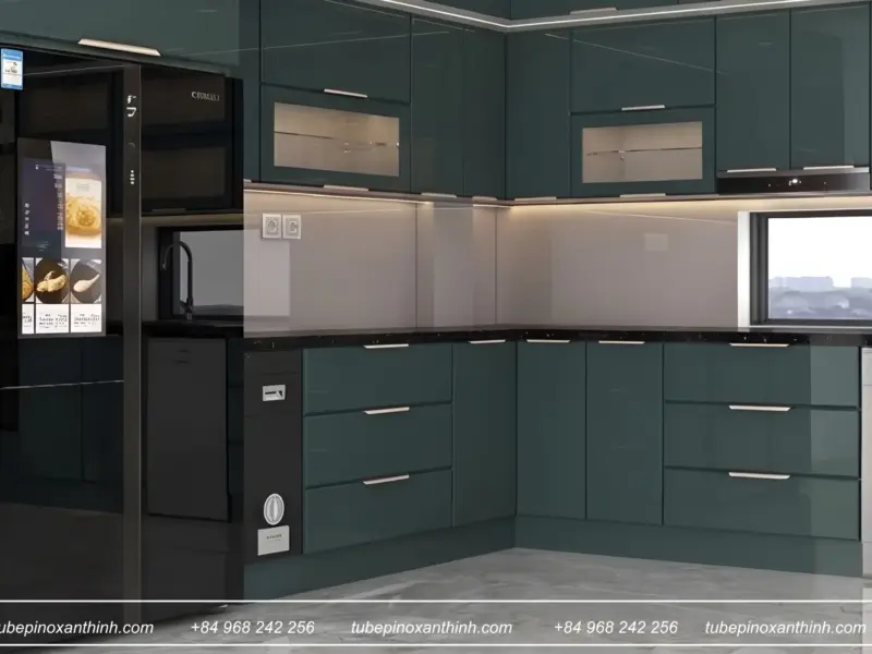 Góc nhìn gần khu vực góc và tủ lạnh tủ bếp Inox 304 cánh kính khung nhôm hiện đại tại gia đình Anh Mạnh tại Phương Liệt, Hà Nội