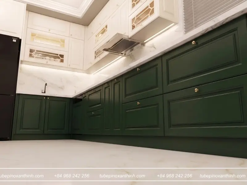 Góc nhìn thấp hệ tủ dưới xanh đậm và mặt đá marble tại Gia Đình Anh Như - Ba Đình, Hà Nội