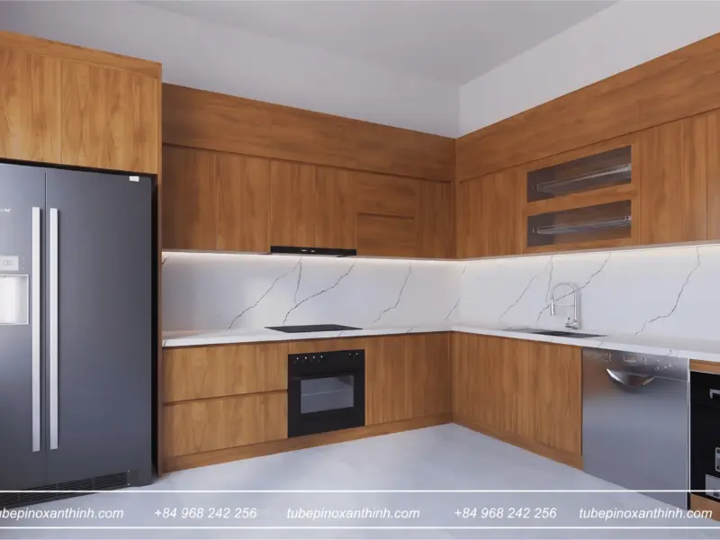 Thiết Kế Tủ Bếp Inox 304 Cánh Gỗ MDF Chống Ẩm Phủ Melamine – Hiện Đại, Sang Trọng Cho Gia Đình Anh Doanh tại Khương Đình, Hà Nội