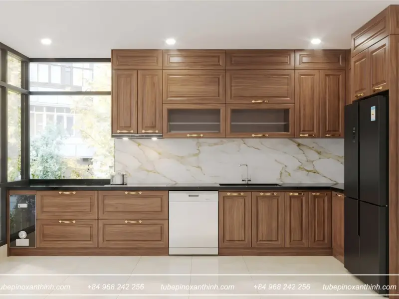 Thiết Kế Tủ Bếp Inox 304 Cánh Gỗ Tự Nhiên Óc Chó Cho Gia Đình Chị Ngọc Ánh Tại Mỹ Đình, Hà Nội