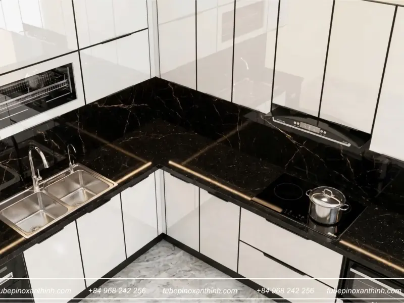 Góc nhìn từ trên cao toàn bộ mặt bàn đá đen tại Gia Đình Chị Liên – Thường Tín, Hà Nội