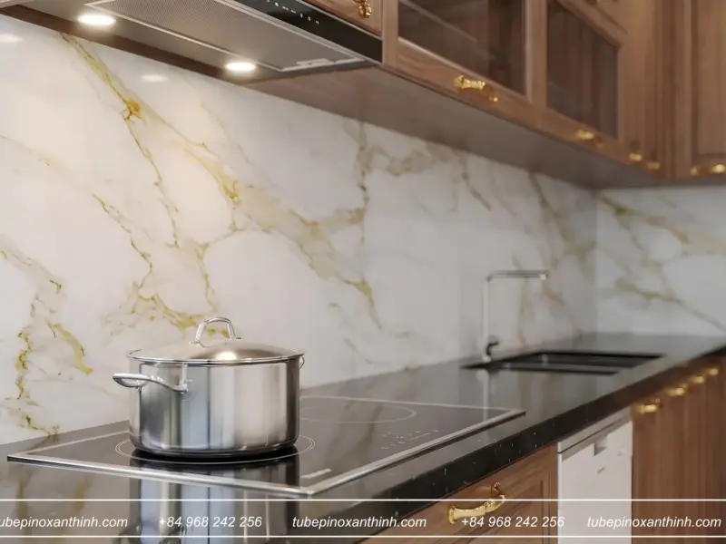 Khu vực bếp nấu với bếp từ và nồi inox tại Gia Đình Chị Ngọc Ánh ở Mỹ Đình, Hà Nội