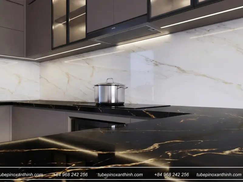 Khu vực nấu nướng và mặt bàn đá đen tại Gia Đình Anh Đức ở Việt Trì, Phú Thọ