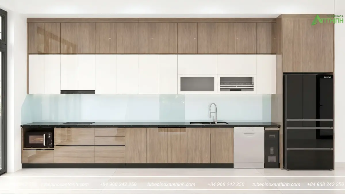 Mặt tiền tủ bếp Acrylic bóng gương đầy đủ tại Nhà Chị Hoa ở Hai Bà Trưng, Hà Nội