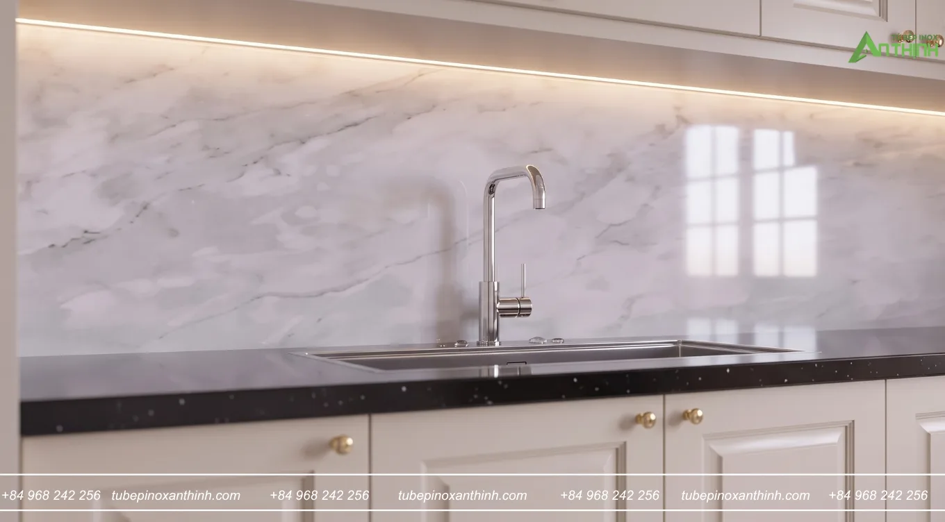 Chi tiết chậu rửa tại gia đình Chị Hồng ở Ngọc Hồi Hà Nội vòi inox và mặt đá