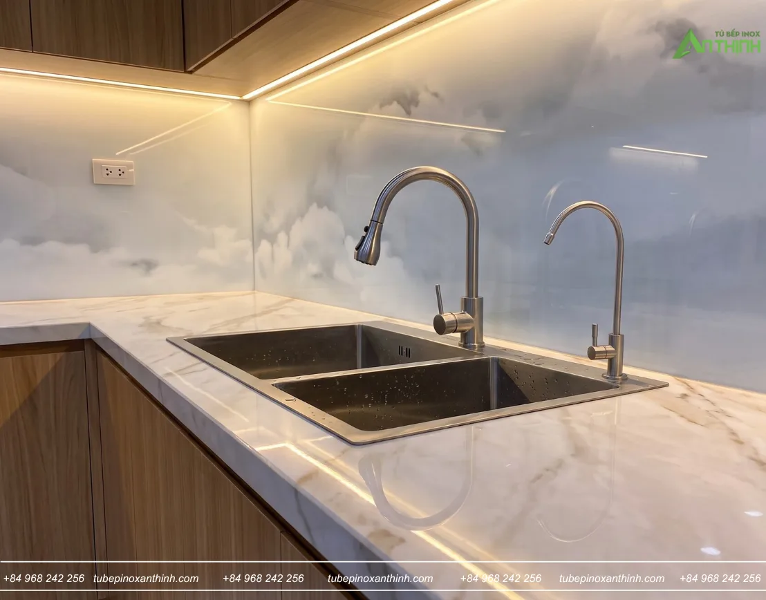 Chi tiết chậu rửa tại gia đình Chú Khiêm ở Xuân Đỉnh Hà Nội vòi inox và mặt đá