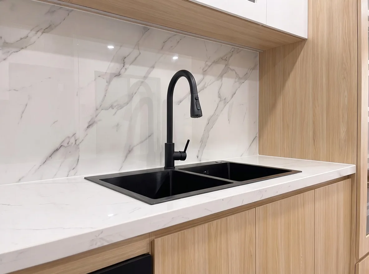 Chi tiết khu vực chậu rửa tủ bếp Inox 304 cánh gỗ MDF chống ẩm phủ Melamine của Chị Chi tại Cầu Giấy, Hà Nội