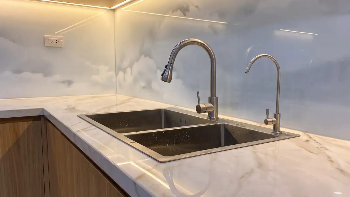 Chi tiết khu vực chậu rửa tủ bếp Inox 304 cánh gỗ nhựa phủ Melamine tại gia đình Chú Khiêm ở Xuân Đỉnh, Hà Nội
