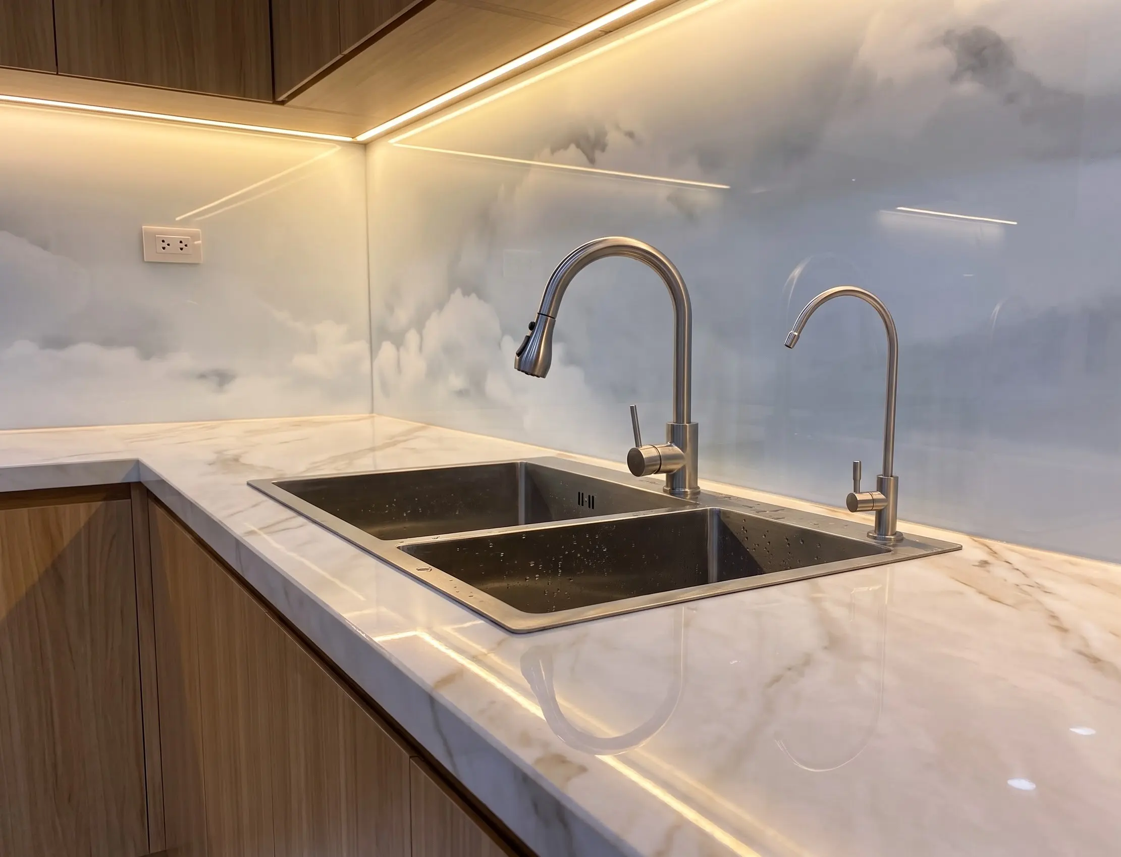 Chi tiết khu vực chậu rửa tủ bếp Inox 304 cánh gỗ nhựa phủ Melamine tại gia đình Chú Khiêm ở Xuân Đỉnh, Hà Nội