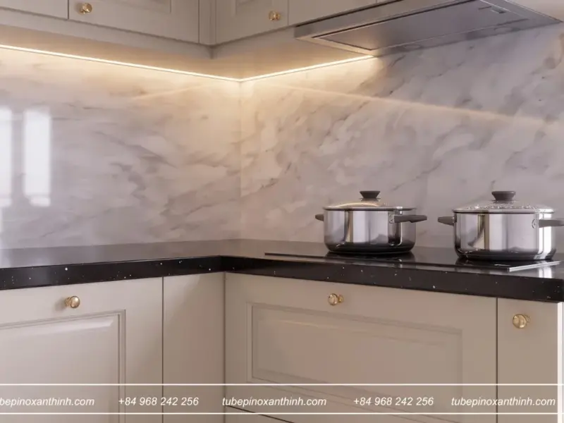 Góc nấu nướng tại gia đình Chị Hồng ở Ngọc Hồi Hà Nội bếp từ và nồi inox