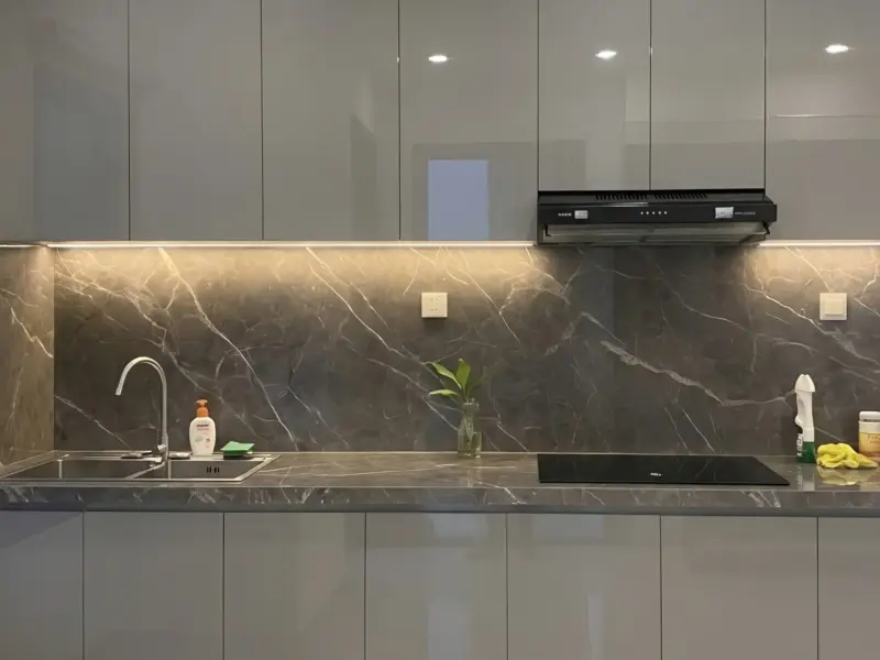 Góc nhìn ngang tủ bếp acrylic bóng gương chị Quỳnh tại Thạch Bàn, Long Biên