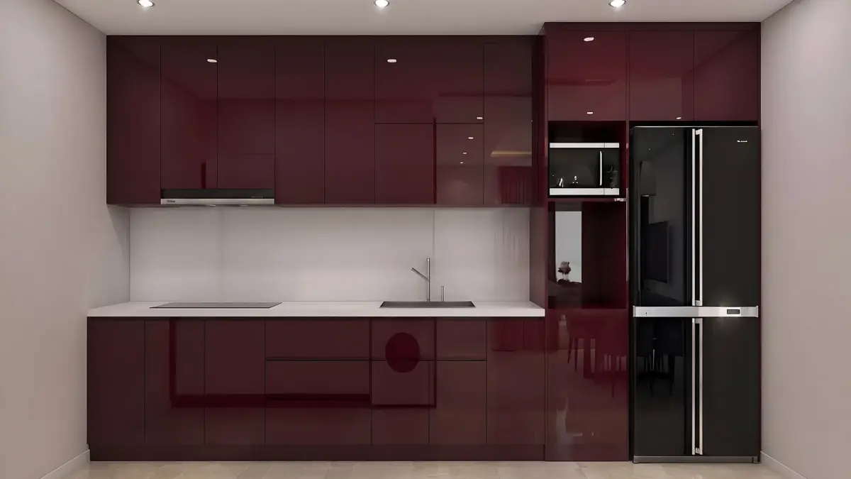 Hệ tủ bếp cánh Acrylic bóng gương màu đỏ đô