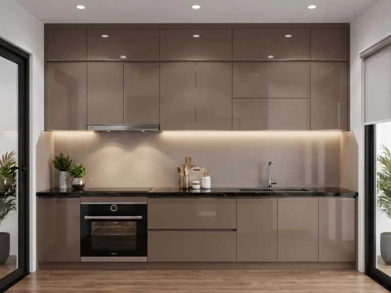 Hệ tủ bếp cánh Acrylic bóng gương màu nâu