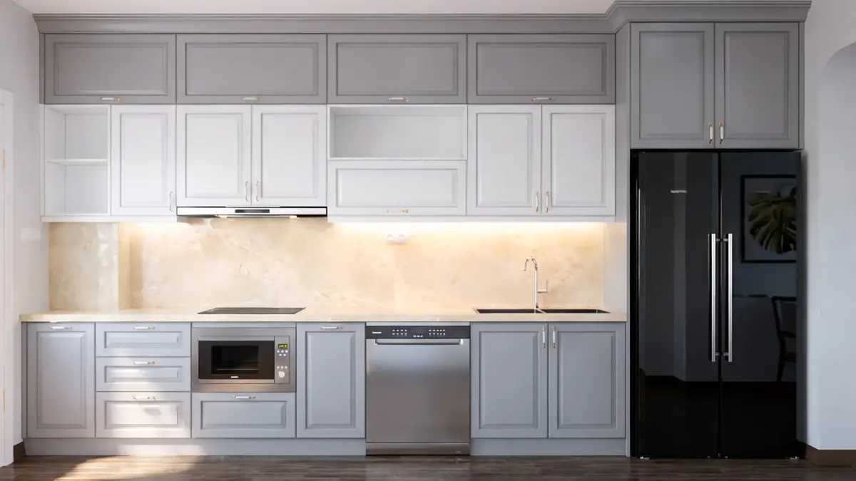 Hệ tủ bếp cánh gỗ HDF chống ẩm sơn Inchem màu trắng - xám