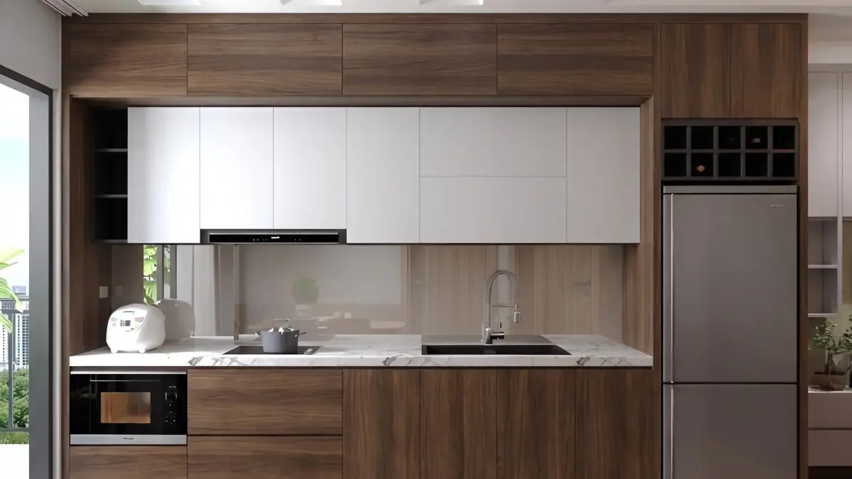Hệ tủ bếp cánh gỗ MDF chống ẩm phủ Melamine màu vân gỗ nâu trắng