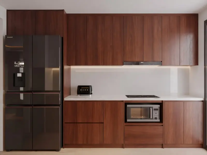 Hệ tủ bếp cánh gỗ MDF chống ẩm phủ Melamine màu vân gỗ óc chó