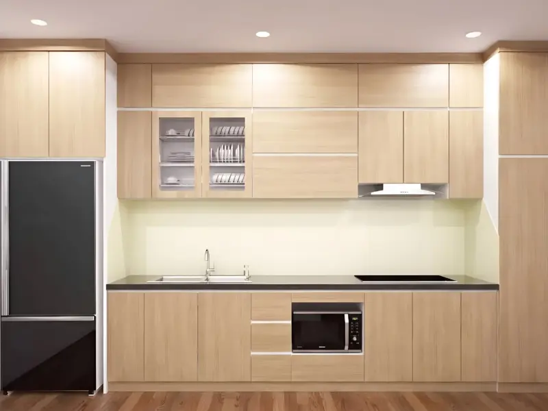 Hệ tủ bếp cánh gỗ nhựa chống nước phủ Melamine màu vân gỗ sồi sáng