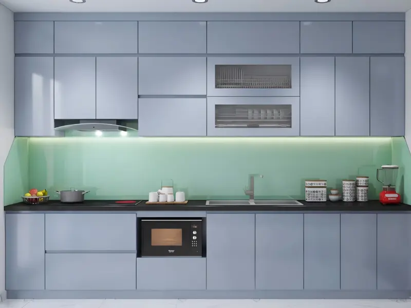 Hệ tủ bếp cánh gỗ nhựa chống nước phủ Melamine màu xanh xám