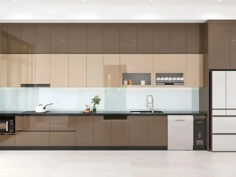 Hệ tủ bếp cánh kính khung nhôm màu nâu kem