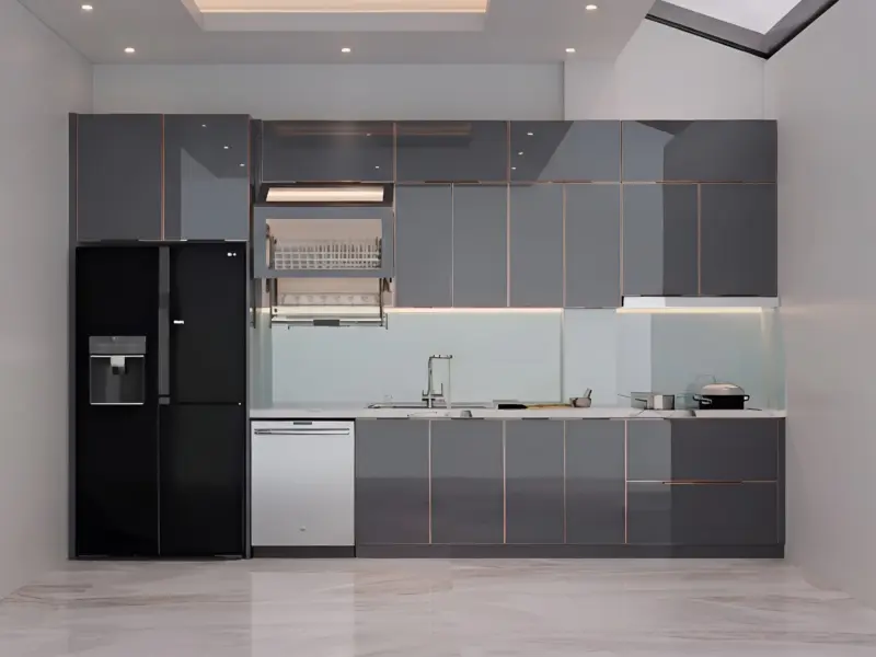 Hệ tủ bếp cánh kính khung nhôm màu xám