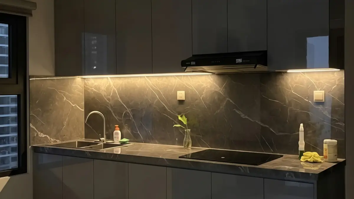 Không gian bếp acrylic bóng gương về đêm chị Quỳnh tại Thạch Bàn, Long Biên