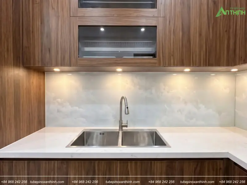 Khu vực rửa chén gia đình anh Quang tại Hoàn Kiếm Hà Nội chậu inox và kính mây
