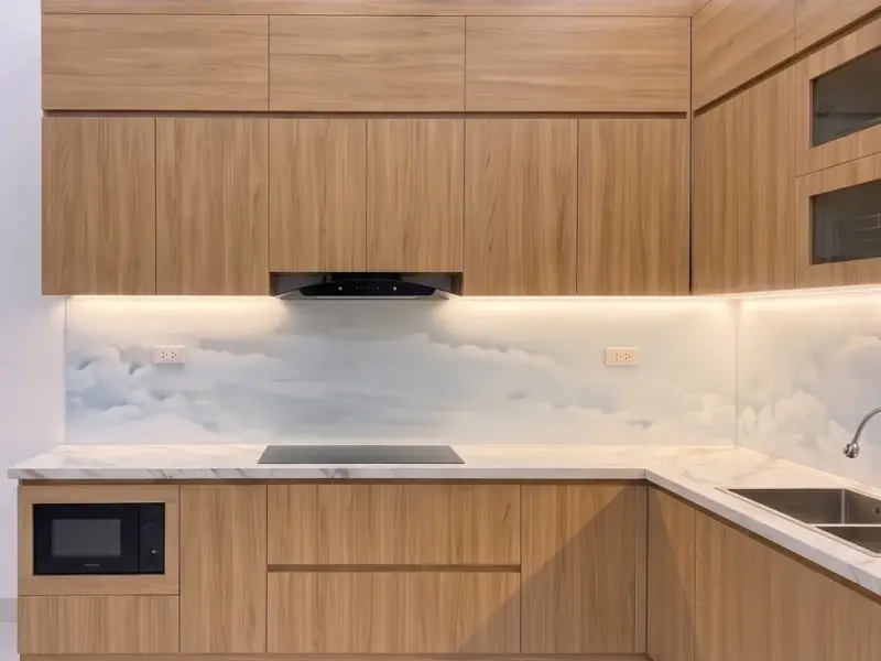 Mặt bếp nấu tủ Inox 304 cánh gỗ nhựa phủ Melamine tại gia đình Chú Khiêm ở Xuân Đỉnh, Hà Nội