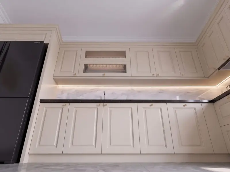 Toàn cảnh góc thấp tủ bếp Inox 304 cánh gỗ HDF chống ẩm sơn Inchem tại gia đình Chị Hồng ở Ngọc Hồi, Hà Nội