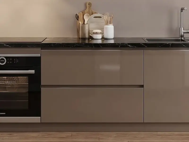 Tủ bếp dưới cánh Acrylic bóng gương màu nâu