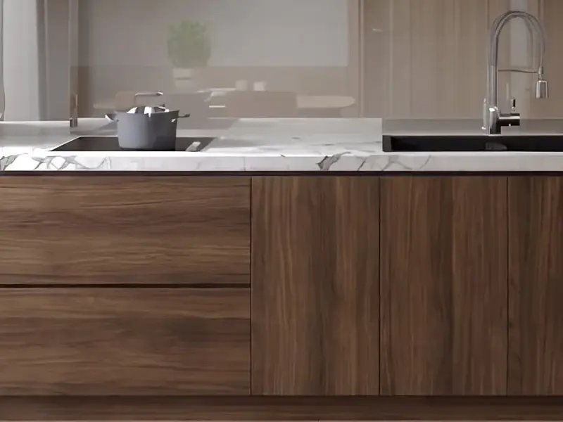 Tủ bếp dưới cánh gỗ MDF chống ẩm phủ Melamine màu vân gỗ nâu
