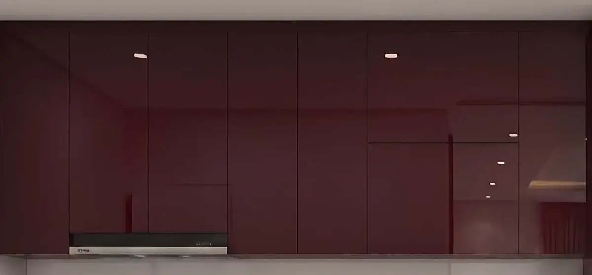 Tủ bếp trên cánh Acrylic bóng gương màu đỏ đô