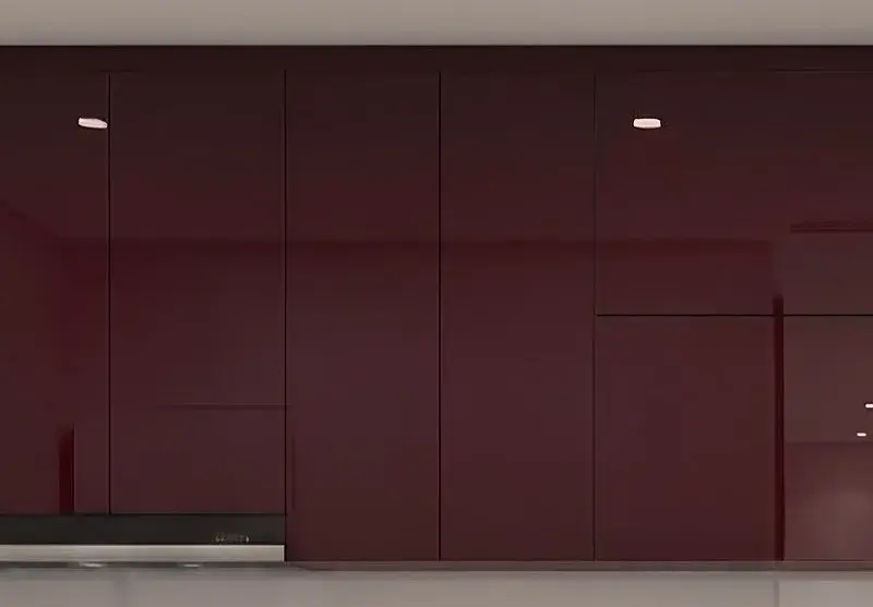 Tủ bếp trên cánh Acrylic bóng gương màu đỏ đô