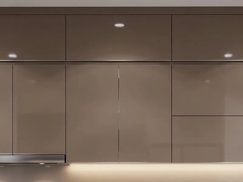 Tủ bếp trên cánh Acrylic bóng gương màu nâu