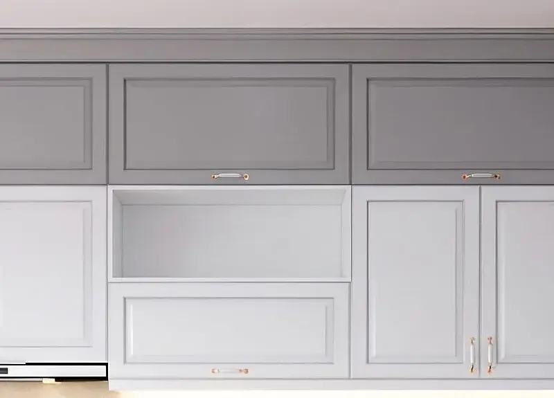 Tủ bếp trên cánh gỗ HDF chống ẩm sơn Inchem màu trắng - xám