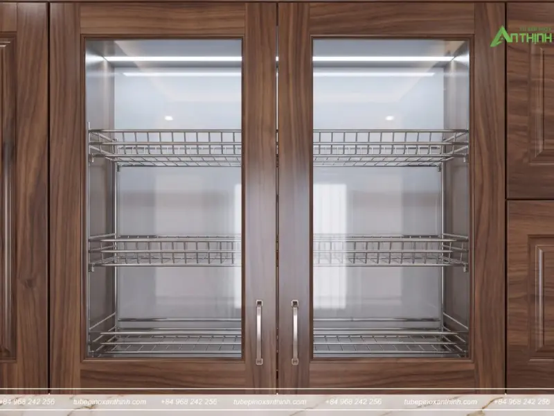 Chi tiết tủ kính inox 304 cánh gỗ óc chó tại gia đình chị Duyên ở Phú Xuyên Hà Nội