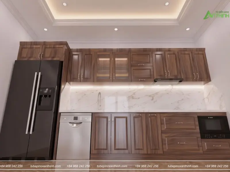 Góc nhìn từ dưới lên của tủ bếp inox 304 cánh gỗ óc chó tại gia đình chị Duyên ở Phú Xuyên Hà Nội