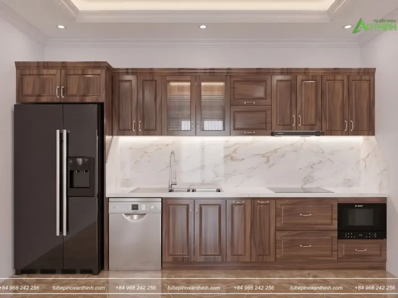 Thiết Kế mẫu tủ bếp inox 304 Cánh gỗ tự nhiên óc chó cho gia đình chị Duyên tại Phú Xuyên, Hà Nội
