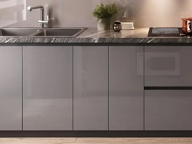 Tủ bếp dưới cánh Acrylic bóng gương màu xám